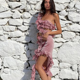 WomenRuffle Trim Cutout Mesh See Through Short Beach Sundress Midi Dress